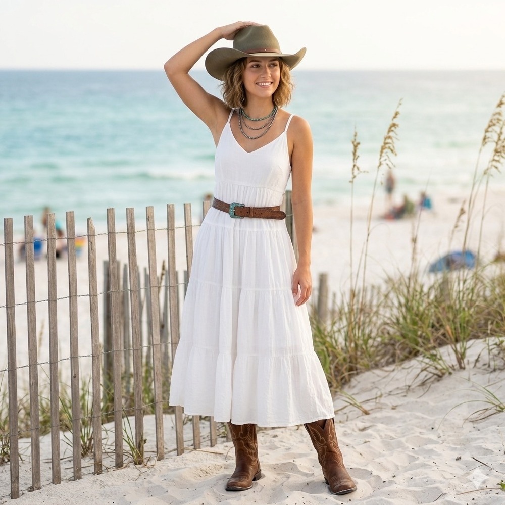 Coastal Cowgirl RSQ Womens White Tiered Midi‎ Dress Rayon Adjustable Straps XS
